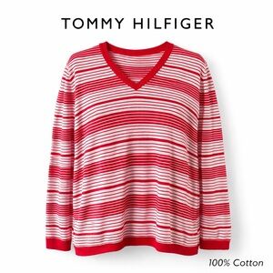 Tommy Hilfiger Red & White Striped V-Neck Sweater